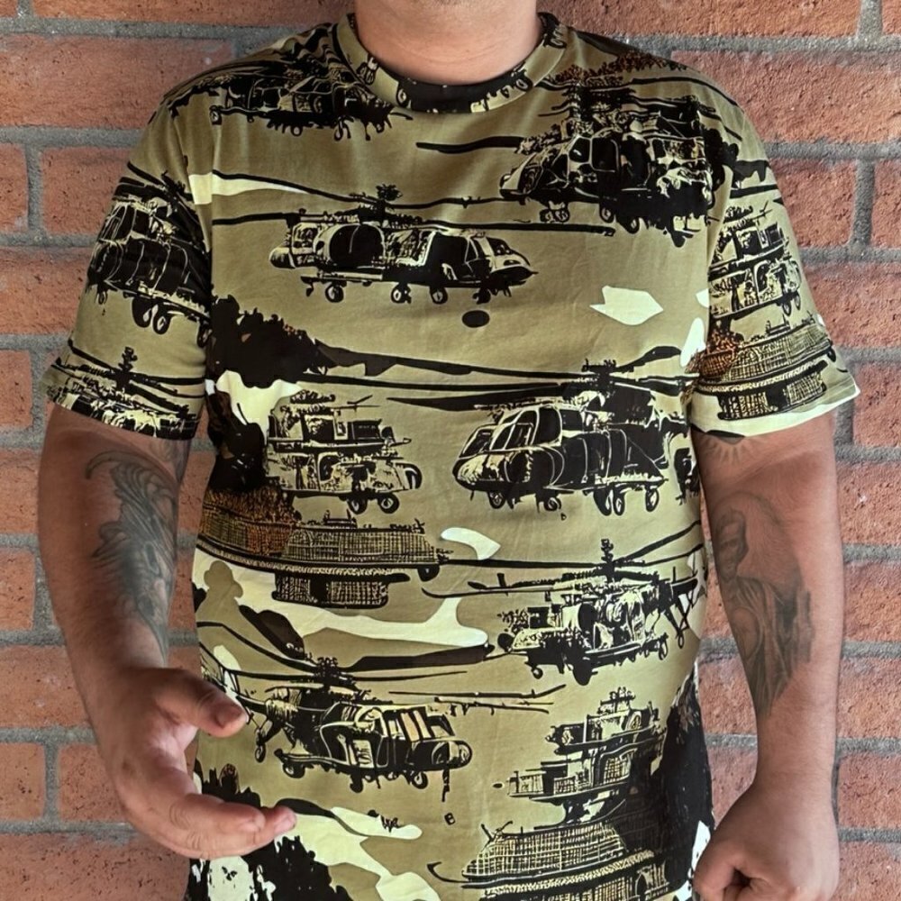Camo Cotton T-Shirt Helicopter Army Military Camouflage Streetwear 2XL Tee Shirt